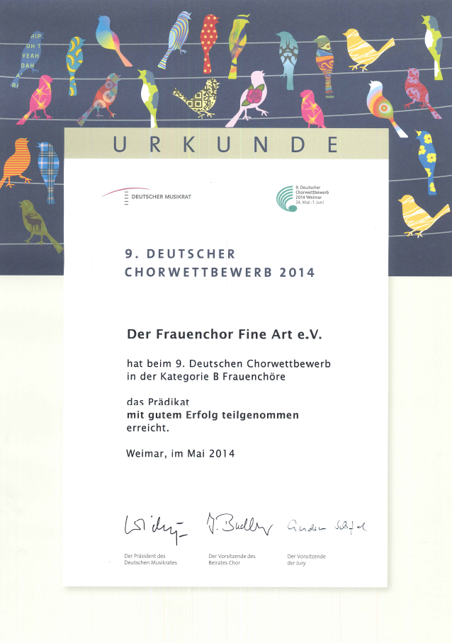 Urkunde 9. Deutscher Chorwettbewerb 2014