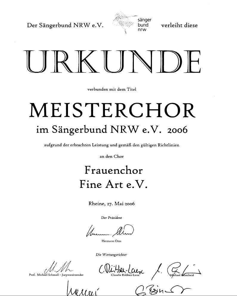 Urkunde Meisterchor - 2006